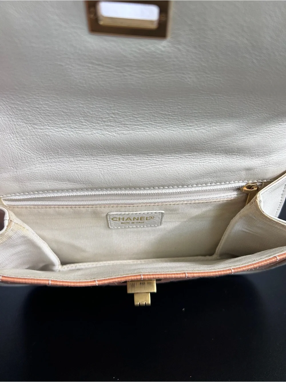 peach satin Chanel Chocolate Bar flap bag white trim and gold-tone hardware